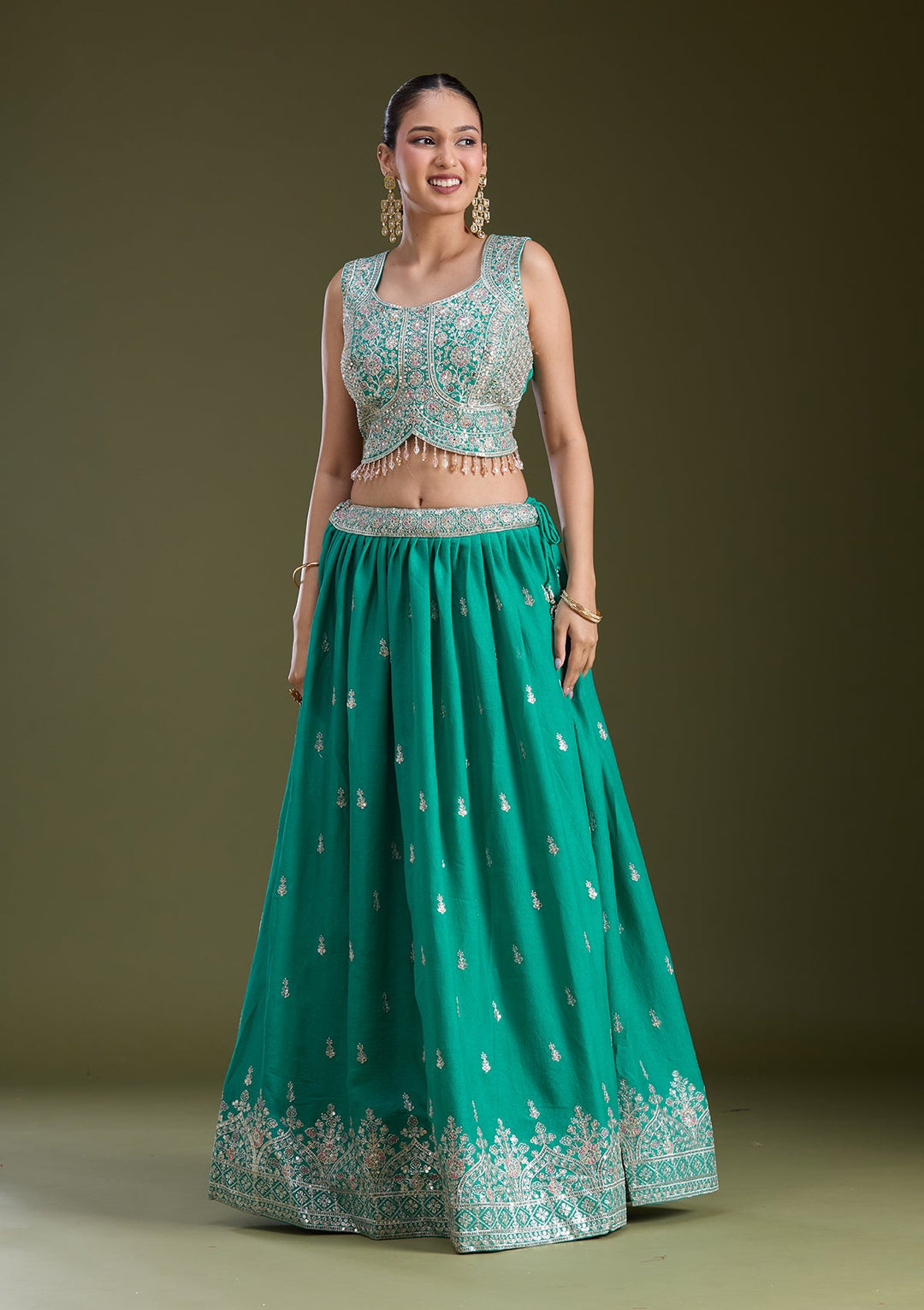 Sea Green Zariwork (Gold) Soft Raw Silk Readymade Lehenga