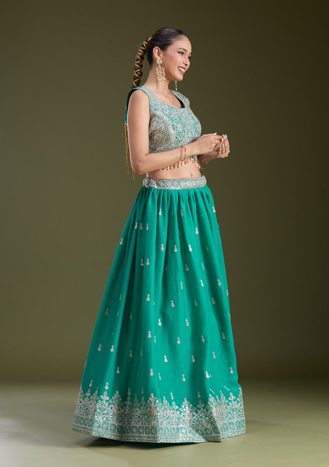 Sea Green Zariwork (Gold) Soft Raw Silk Readymade Lehenga
