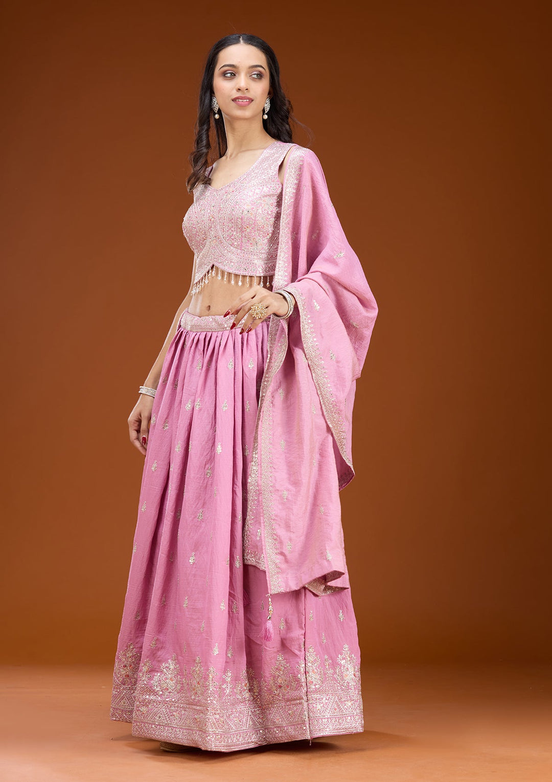 Onion Pink Zariwork (Silver) Soft Raw Silk Readymade Lehenga
