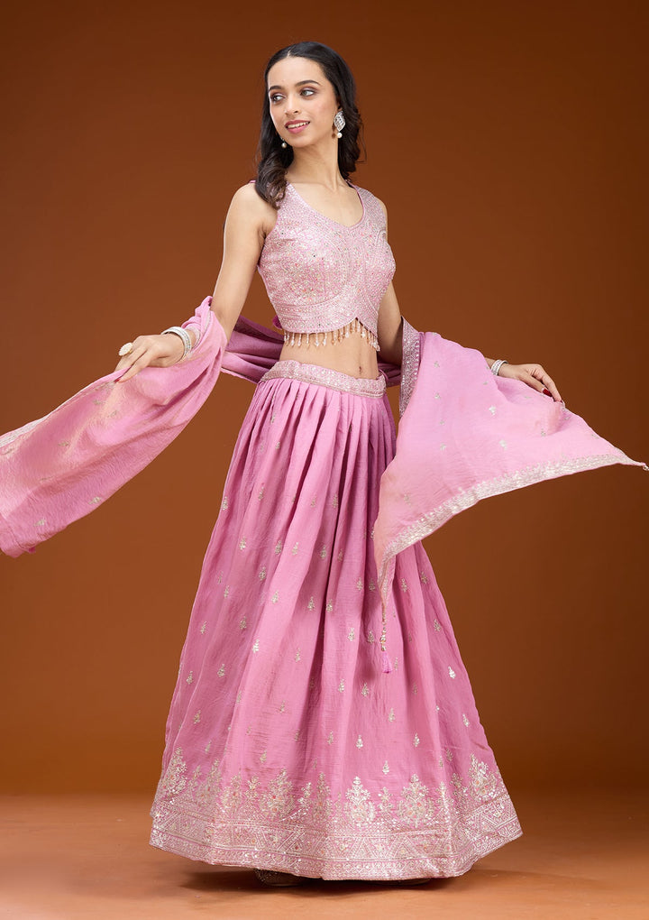 Onion Pink Zariwork (Silver) Soft Raw Silk Readymade Lehenga