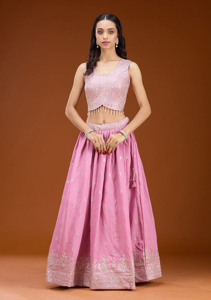 Onion Pink Zariwork (Silver) Soft Raw Silk Readymade Lehenga