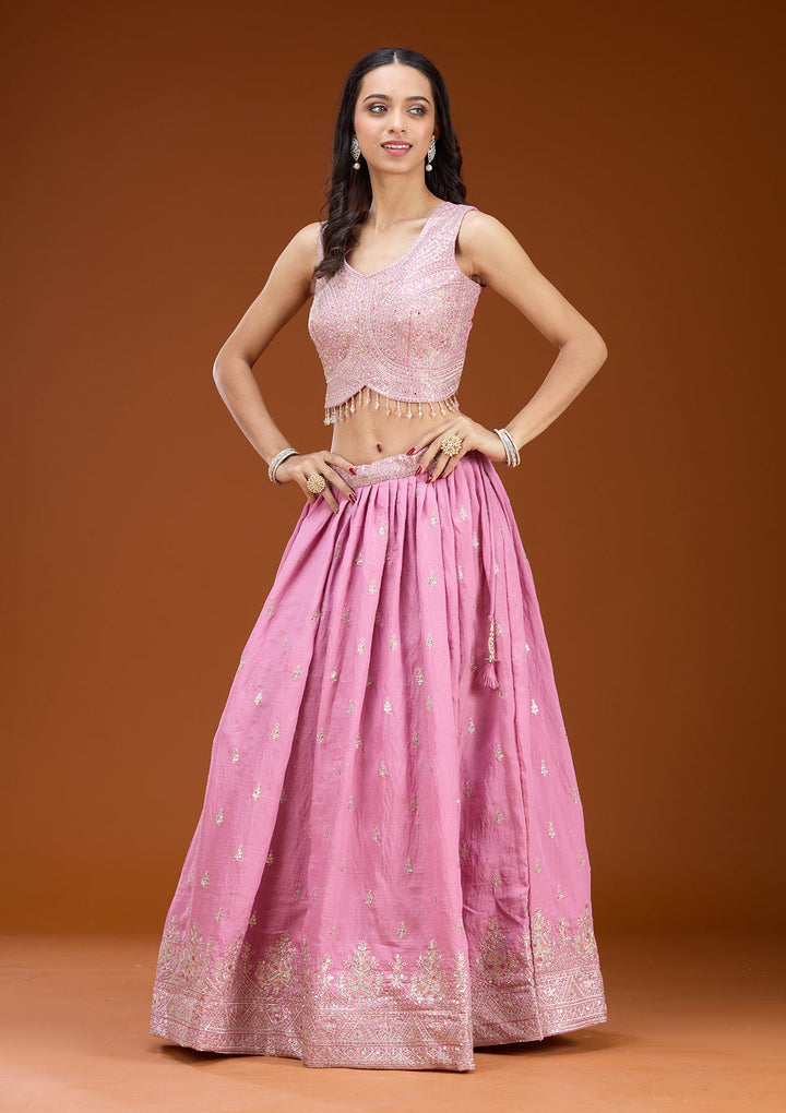 Onion Pink Zariwork (Silver) Soft Raw Silk Readymade Lehenga