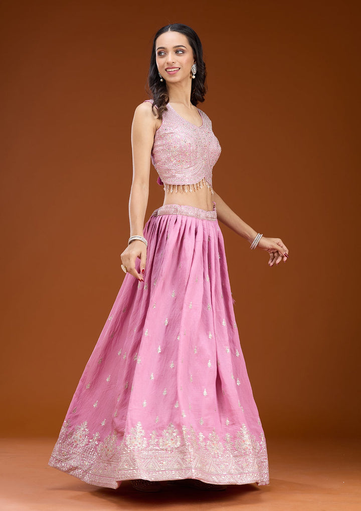 Onion Pink Zariwork (Silver) Soft Raw Silk Readymade Lehenga