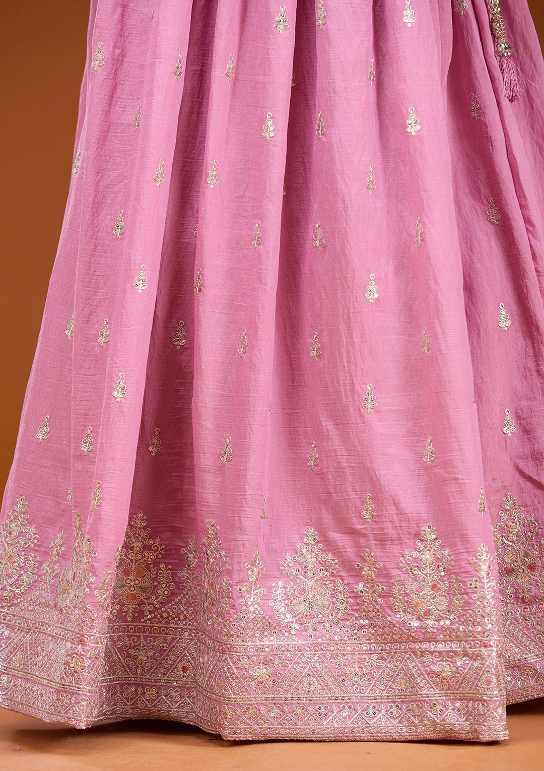 Onion Pink Zariwork (Silver) Soft Raw Silk Readymade Lehenga