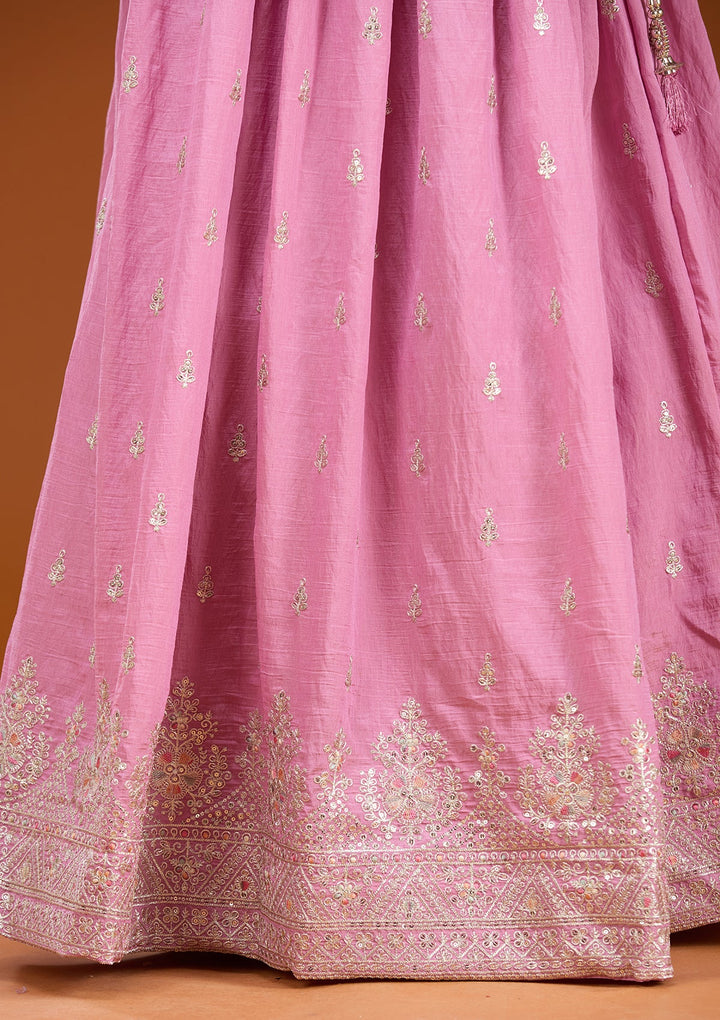 Onion Pink Zariwork (Silver) Soft Raw Silk Readymade Lehenga