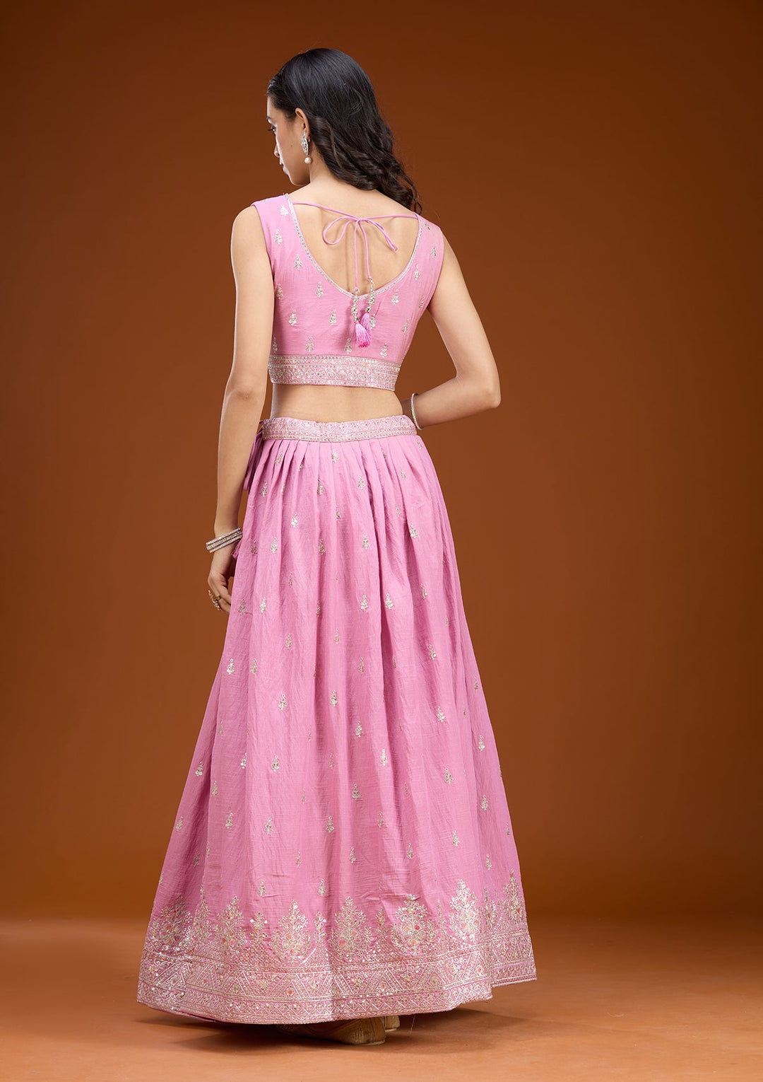 Onion Pink Zariwork (Silver) Soft Raw Silk Readymade Lehenga
