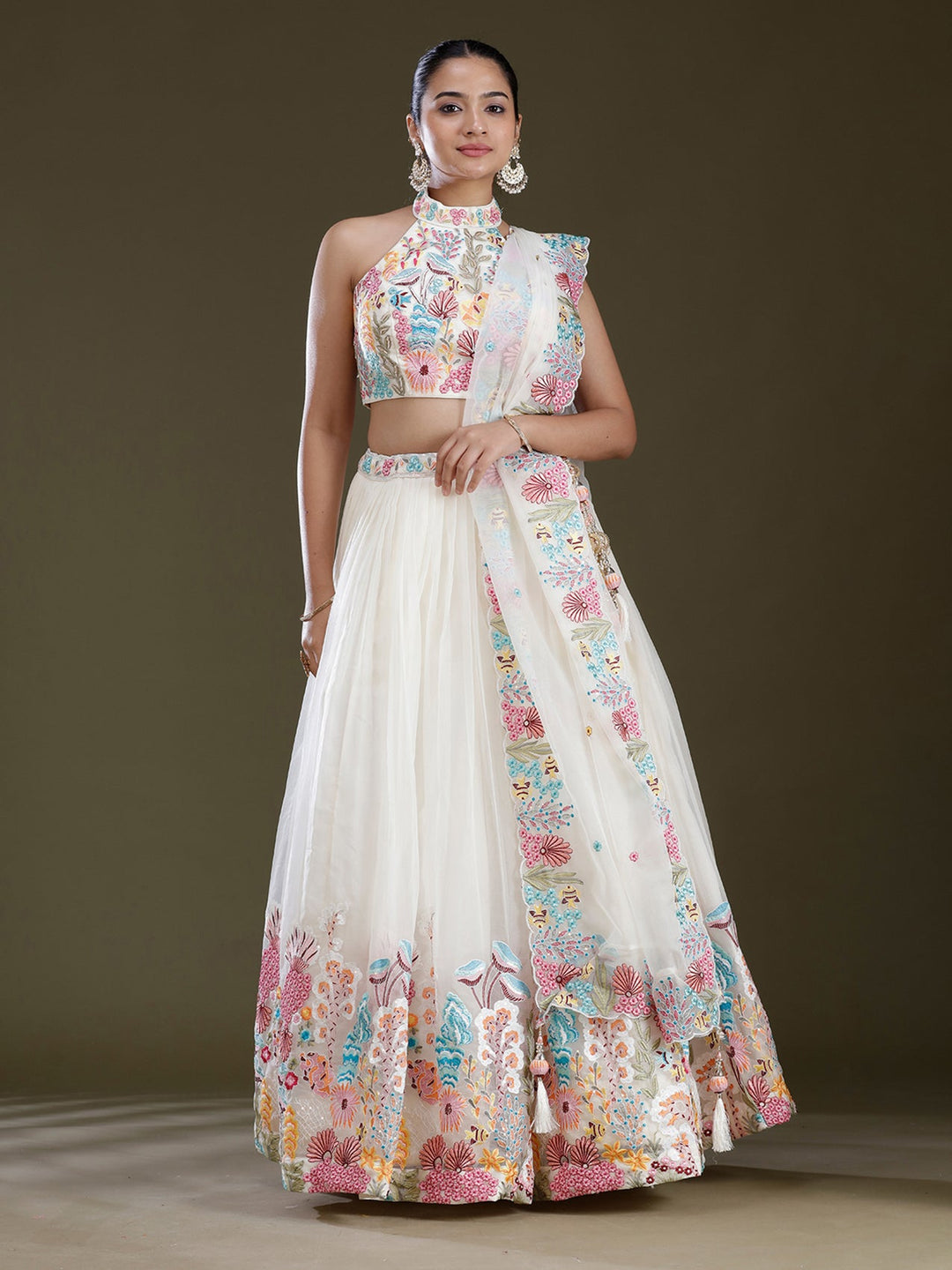 Off White Threadwork Organza Readymade Lehenga