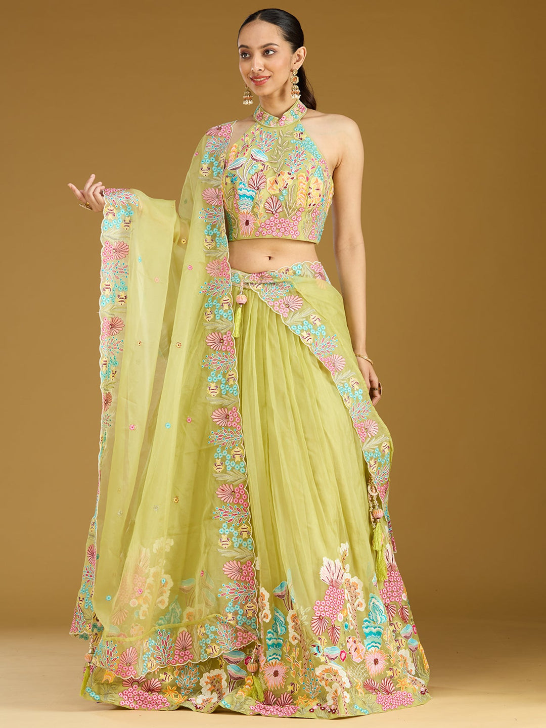 Pista Green Threadwork Organza Readymade Lehenga