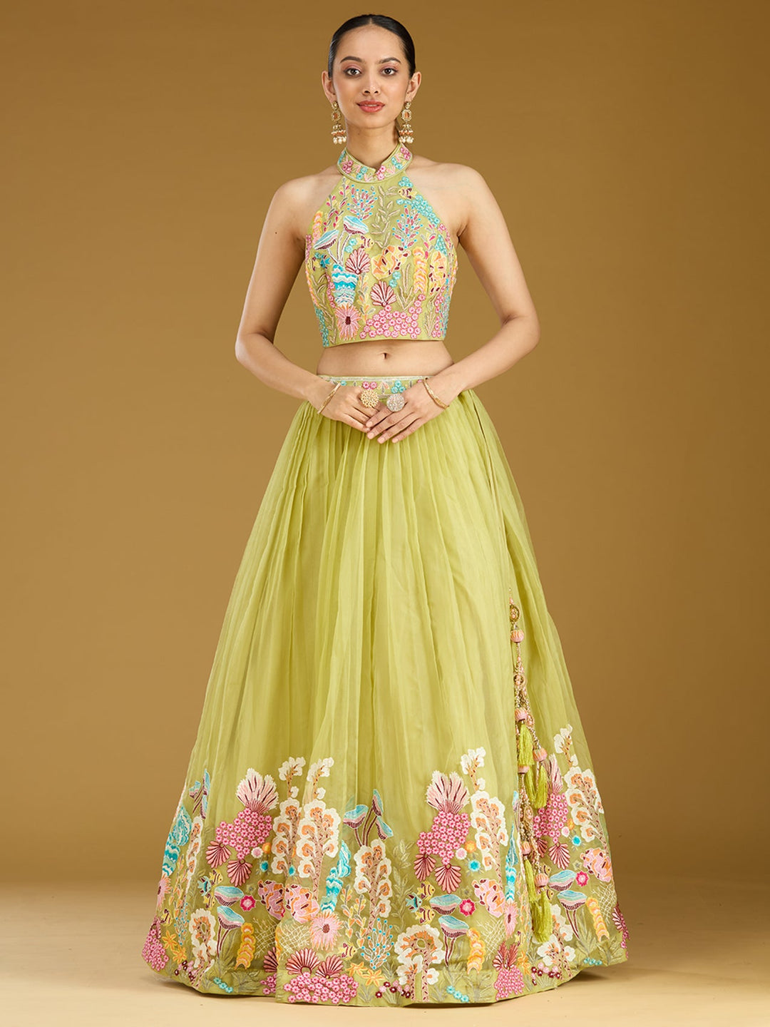 Pista Green Threadwork Organza Readymade Lehenga
