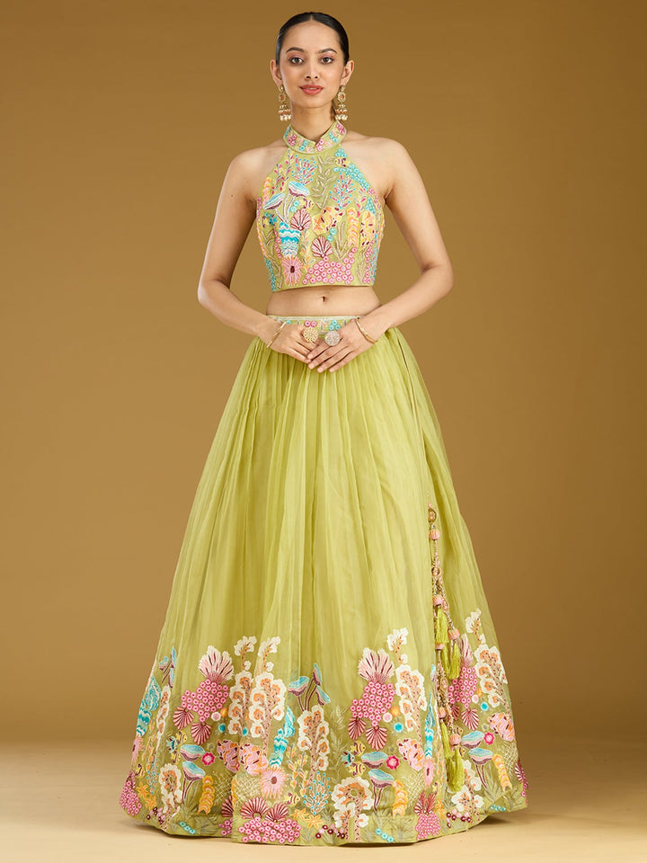 Pista Green Threadwork Organza Readymade Lehenga