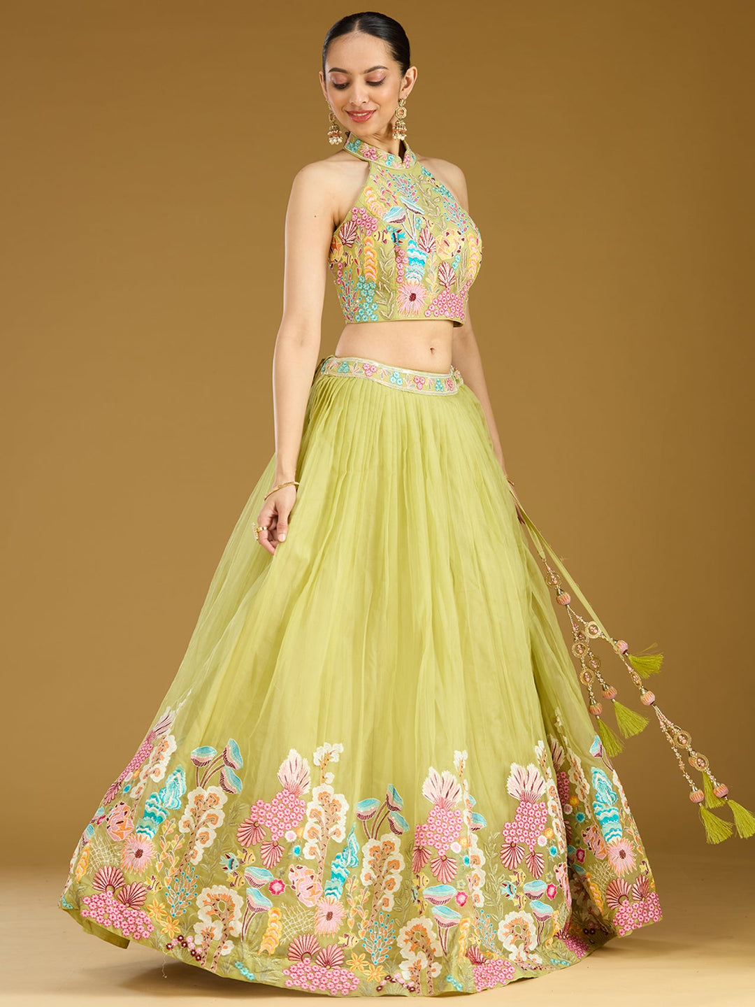 Pista Green Threadwork Organza Readymade Lehenga