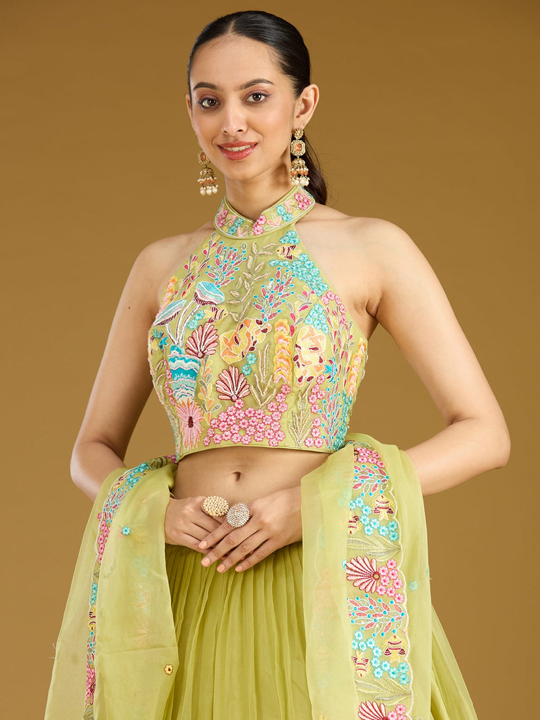 Pista Green Threadwork Organza Readymade Lehenga