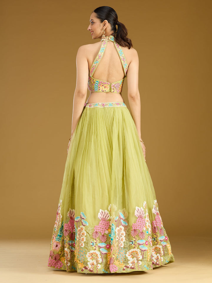 Pista Green Threadwork Organza Readymade Lehenga