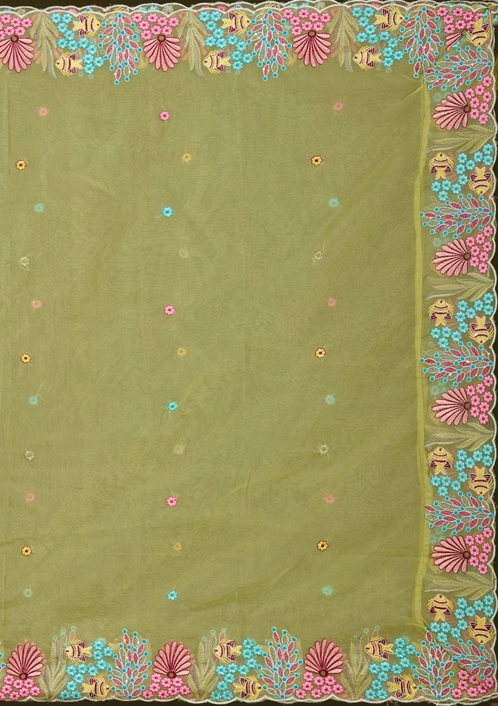 Pista Green Threadwork Organza Readymade Lehenga