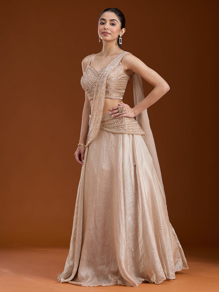 Beige Pearlwork Organza Readymade Lehenga