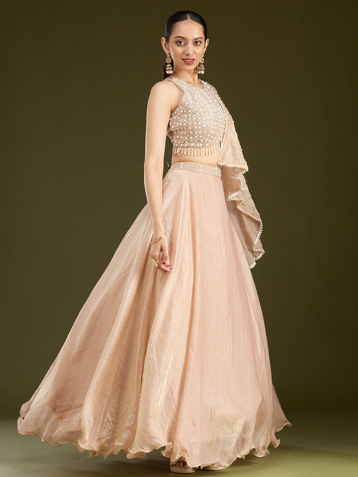 Beige Pearlwork Organza Readymade Lehenga