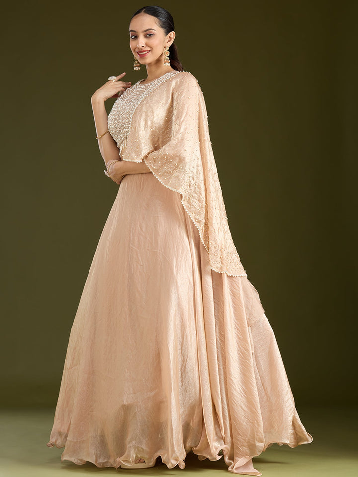 Beige Pearlwork Organza Readymade Lehenga