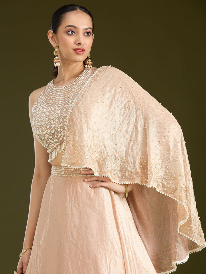 Beige Pearlwork Organza Readymade Lehenga