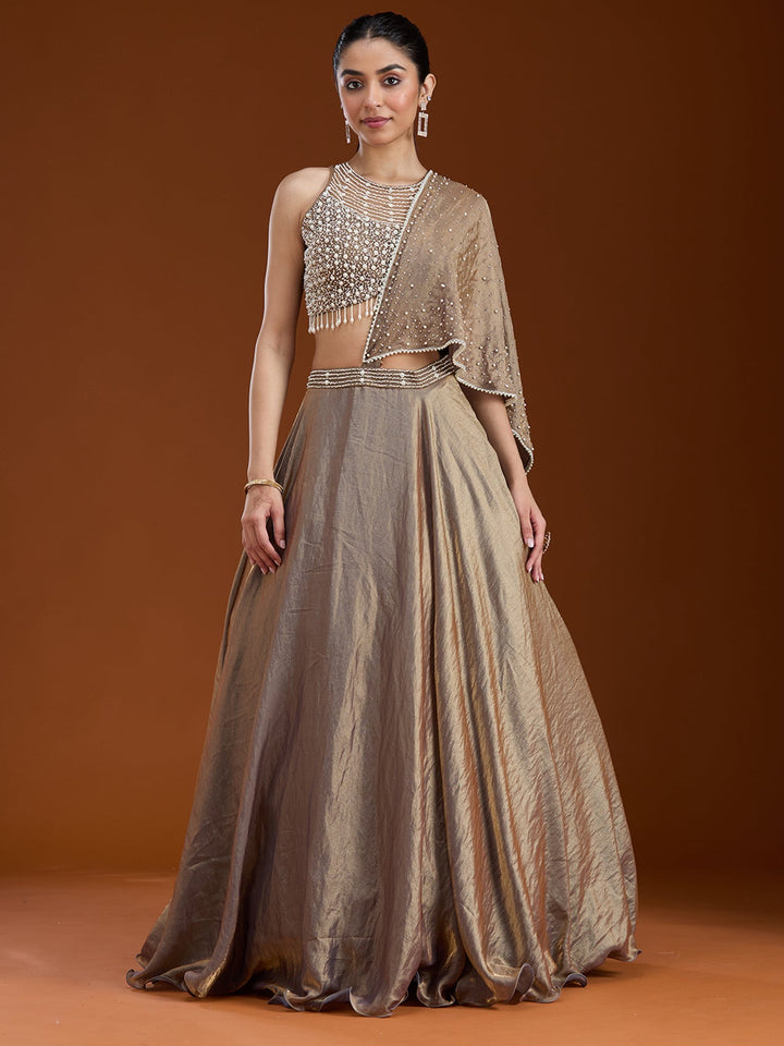 Copper Pearlwork Organza Readymade Lehenga
