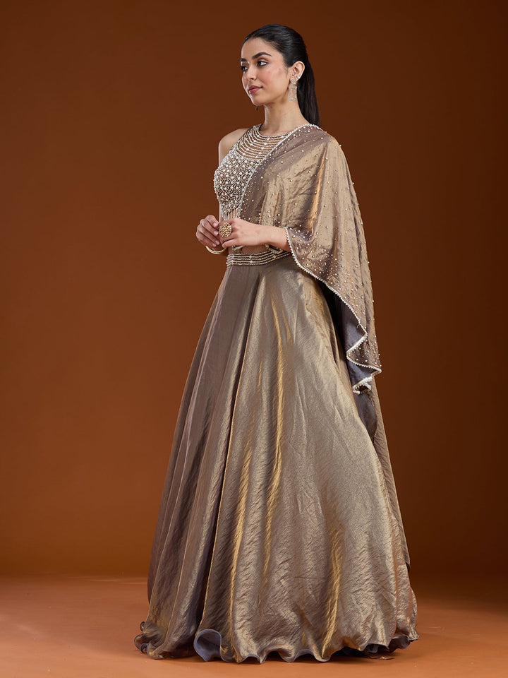 Copper Pearlwork Organza Readymade Lehenga