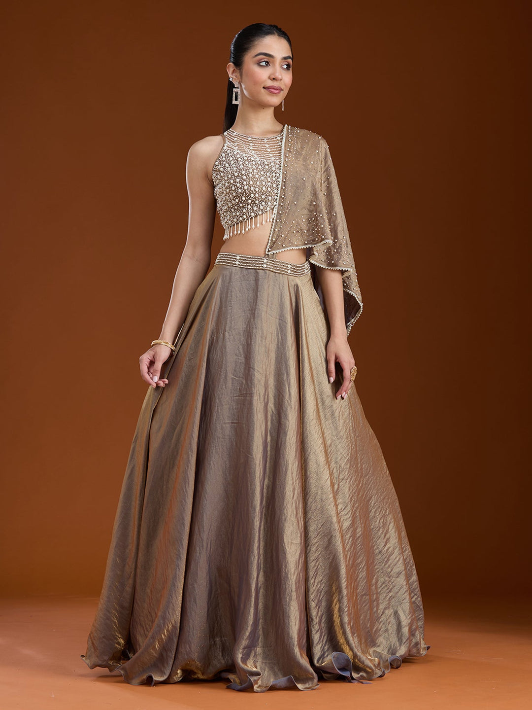 Copper Pearlwork Organza Readymade Lehenga