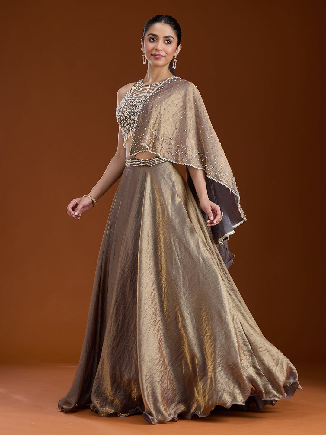 Copper Pearlwork Organza Readymade Lehenga