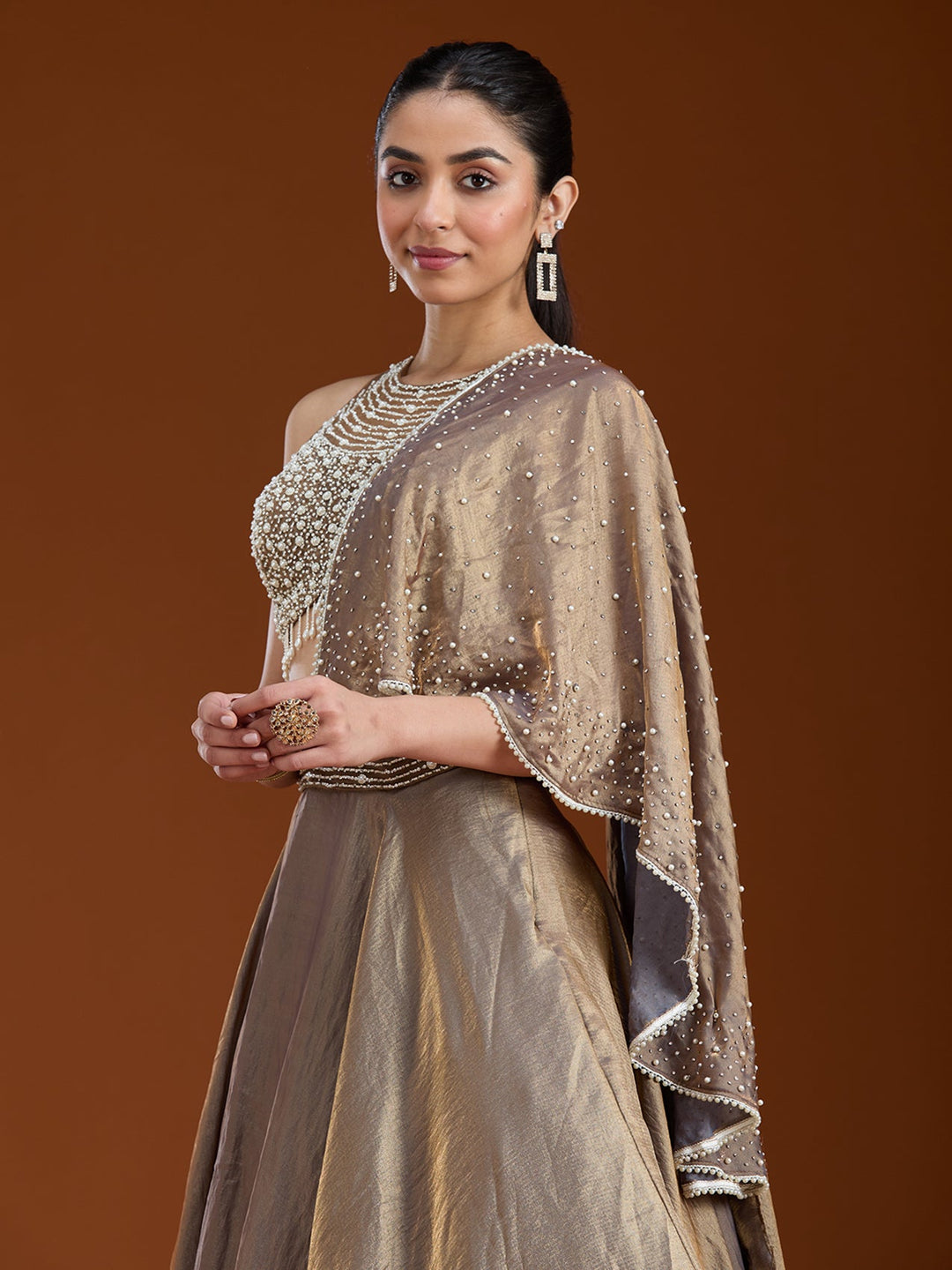 Copper Pearlwork Organza Readymade Lehenga