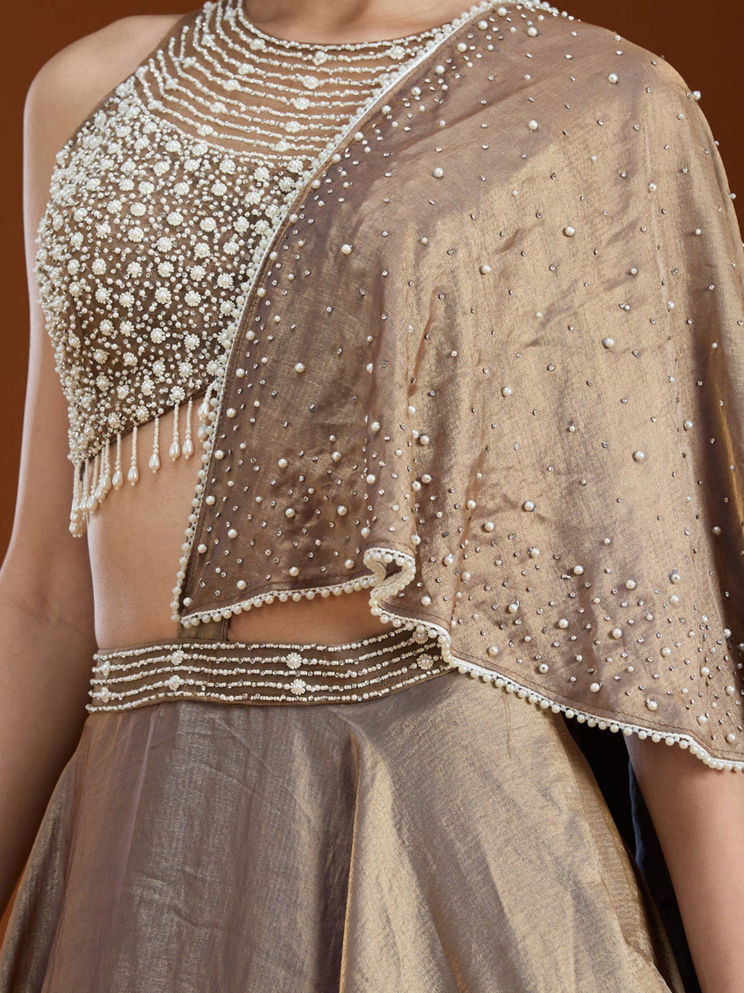 Copper Pearlwork Organza Readymade Lehenga