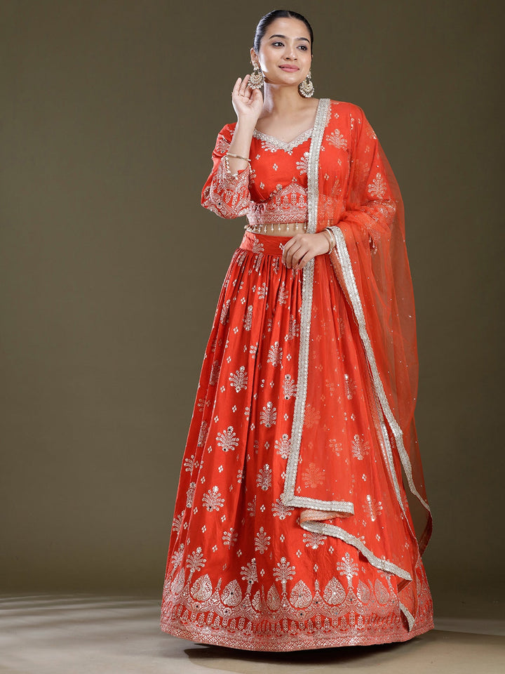 Rust Sequins Georgette Readymade Lehenga