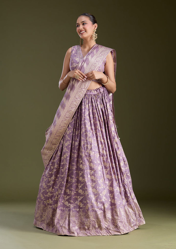Dark Lavender Sequins Soft Raw Silk Readymade Lehenga