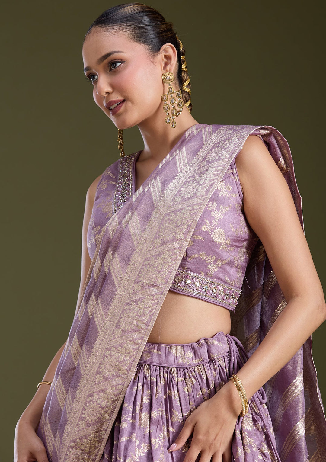 Dark Lavender Sequins Soft Raw Silk Readymade Lehenga