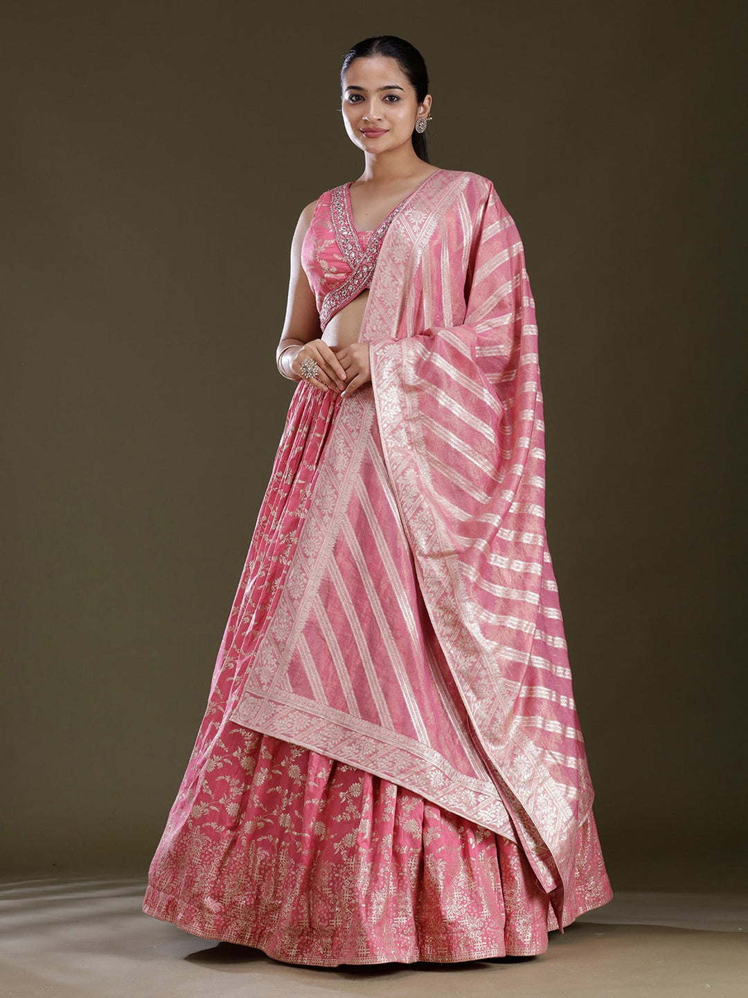 Onion Pink Sequins Soft Raw Silk Readymade Lehenga