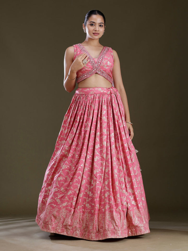 Onion Pink Sequins Soft Raw Silk Readymade Lehenga