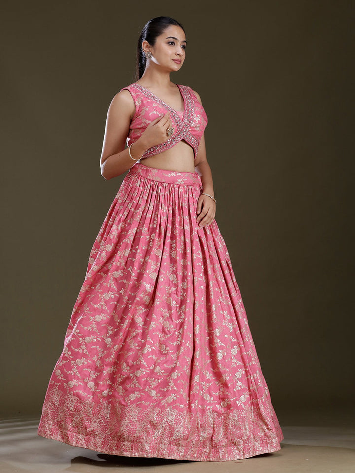 Onion Pink Sequins Soft Raw Silk Readymade Lehenga
