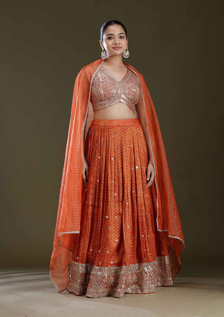Orange Zariwork (Gold) Brocade Readymade Lehenga