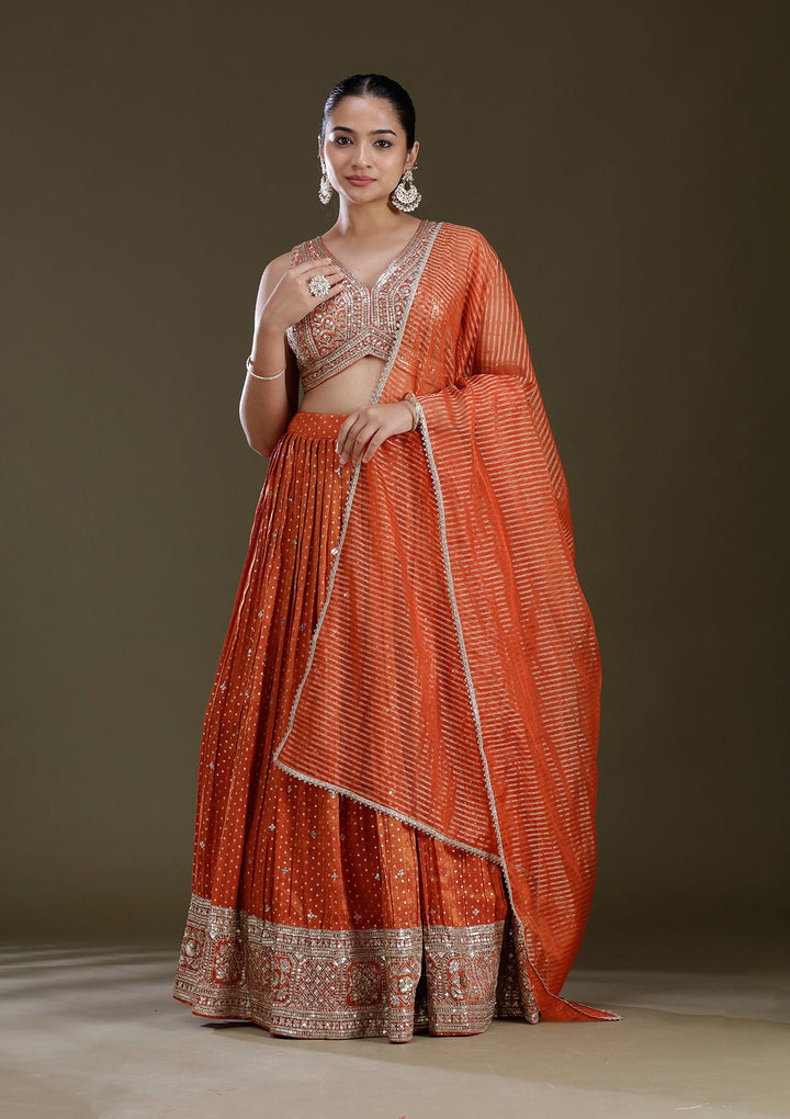 Orange Zariwork (Gold) Brocade Readymade Lehenga