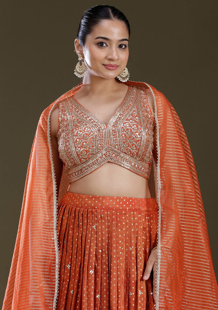 Orange Zariwork (Gold) Brocade Readymade Lehenga