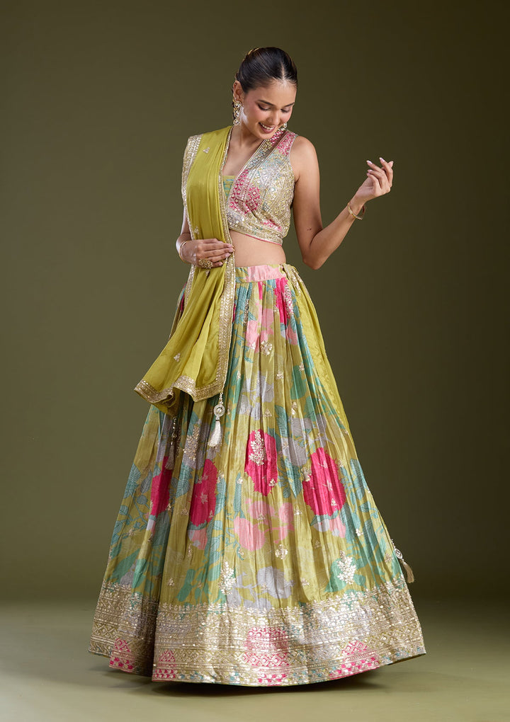 Mehandi Green Sequins Satin Readymade Lehenga