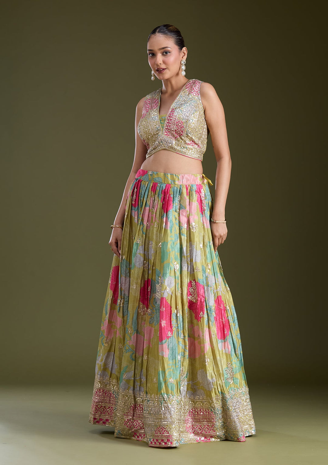 Mehandi Green Sequins Satin Readymade Lehenga