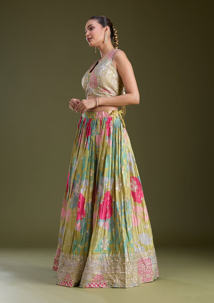 Mehandi Green Sequins Satin Readymade Lehenga