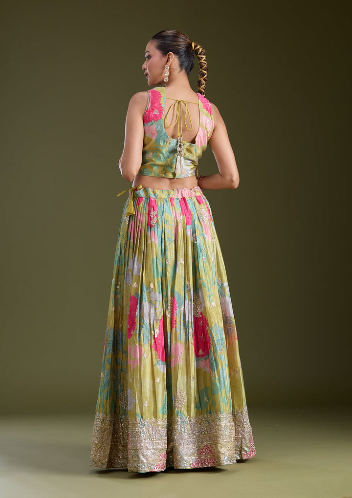 Mehandi Green Sequins Satin Readymade Lehenga