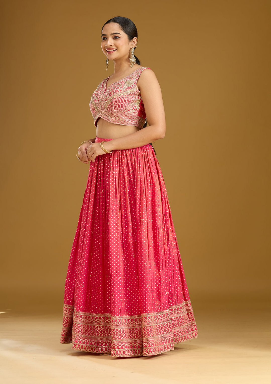 Rani Pink Zariwork (Gold) Brocade Readymade Lehenga