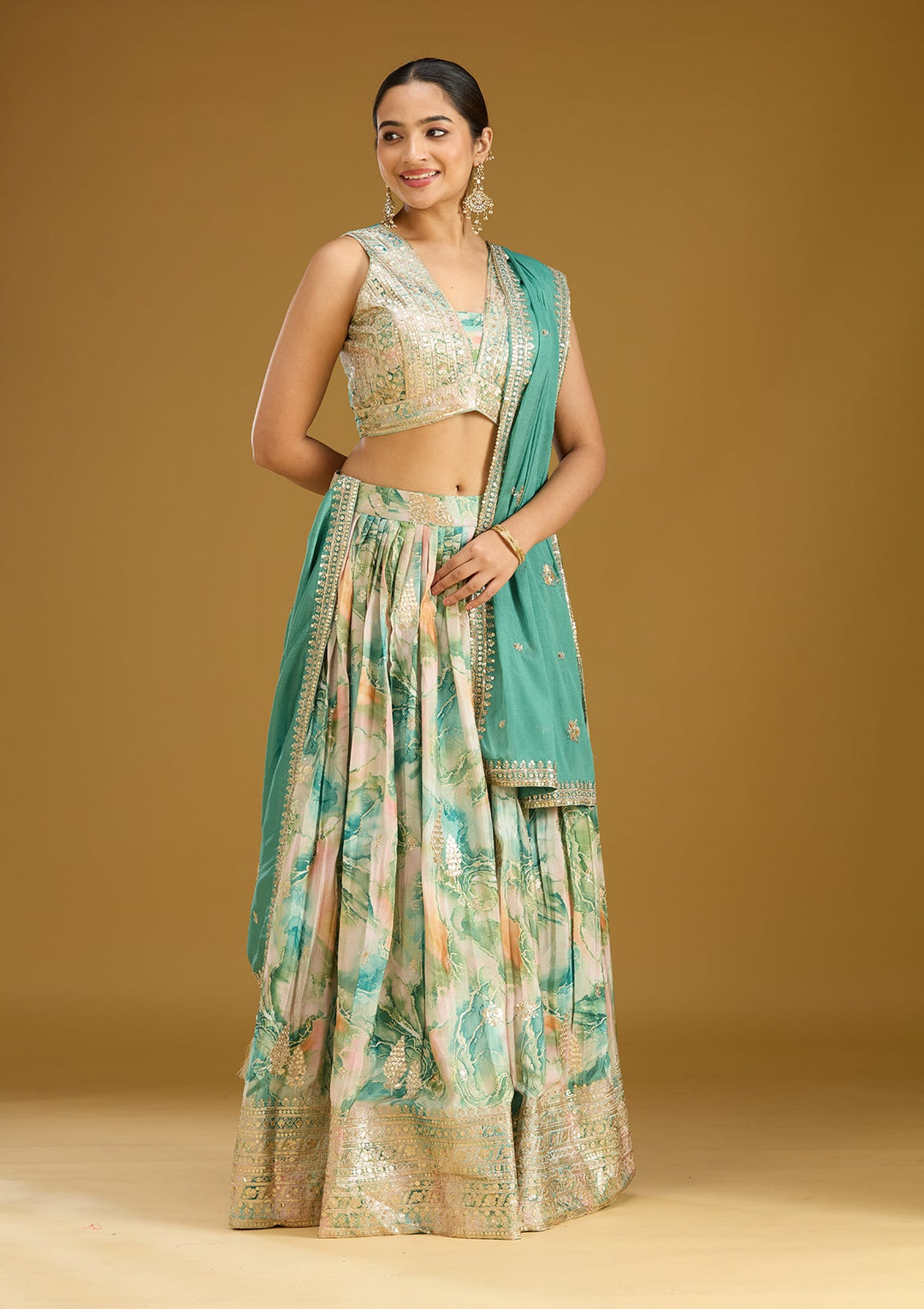 Sea Green Zariwork (Gold) Art Silk Readymade Lehenga