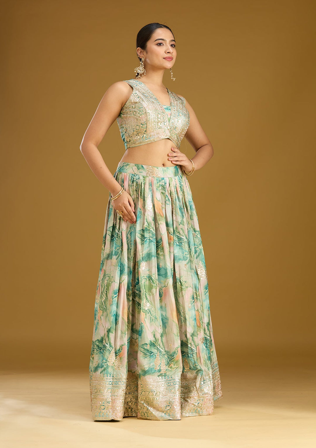 Sea Green Zariwork (Gold) Art Silk Readymade Lehenga