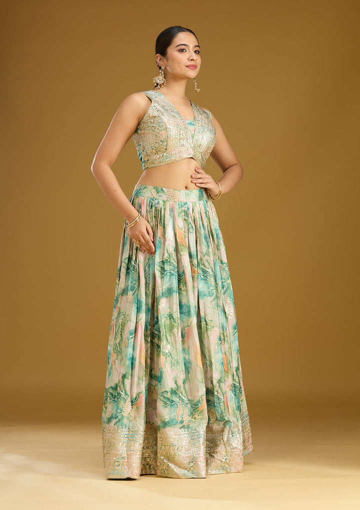 Sea Green Zariwork (Gold) Art Silk Readymade Lehenga