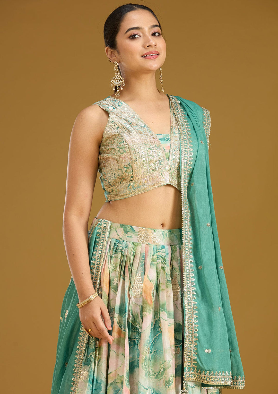 Sea Green Zariwork (Gold) Art Silk Readymade Lehenga