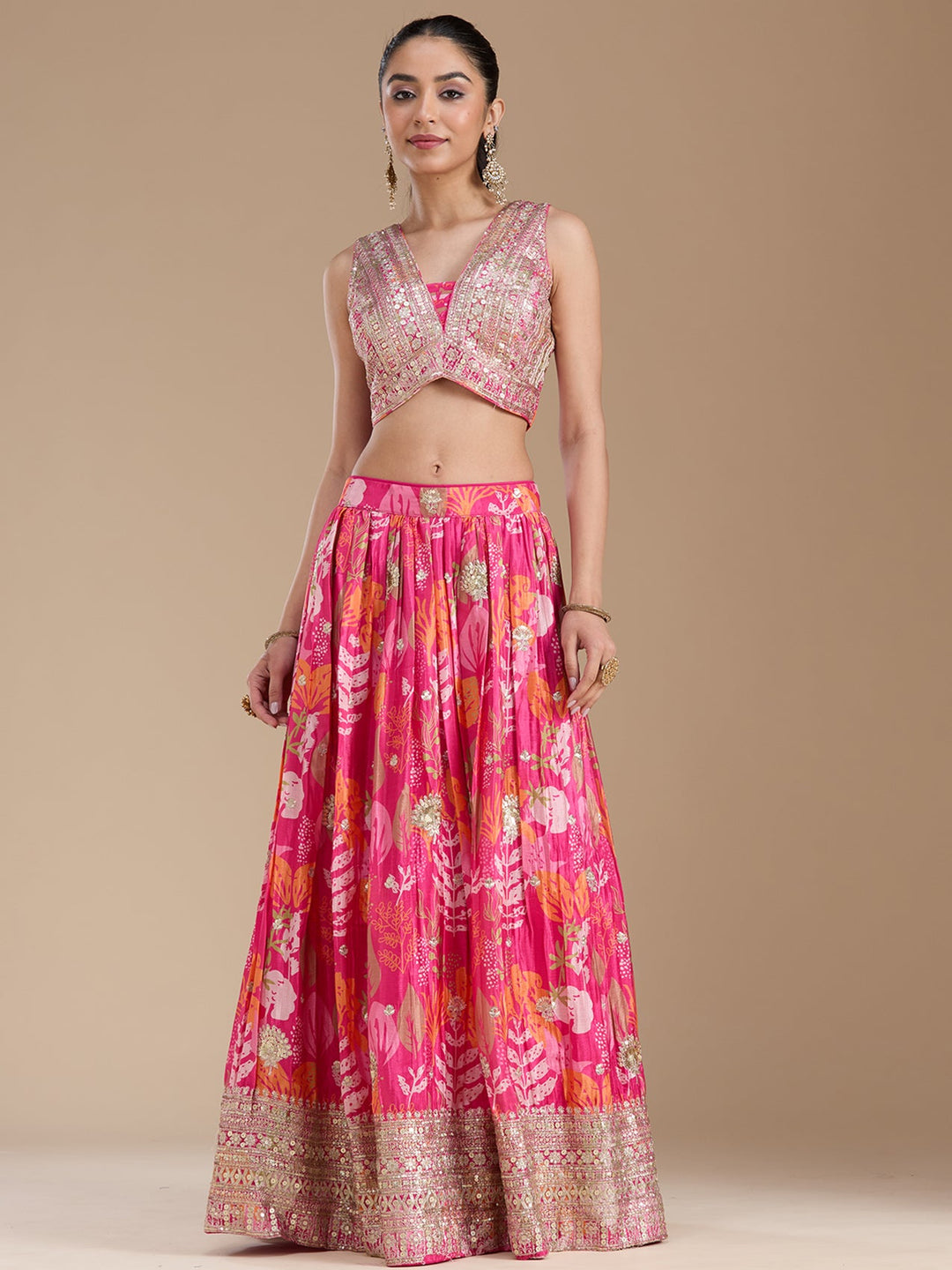 Rani Pink Sequins Satin Readymade Lehenga
