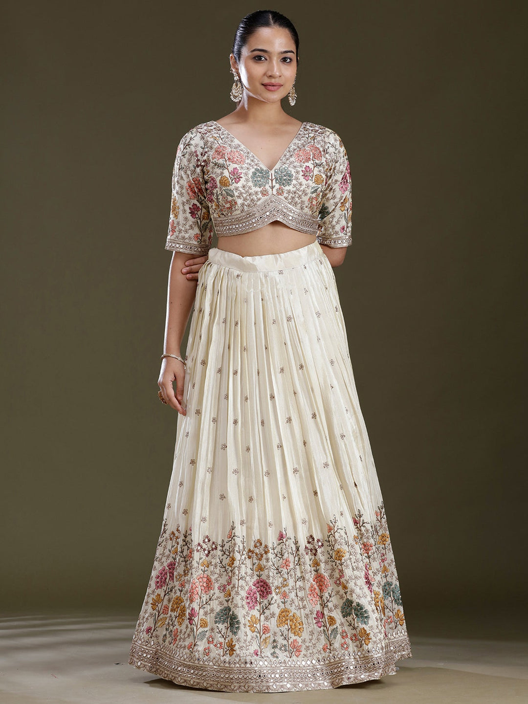 Cream Threadwork Art Silk Readymade Lehenga
