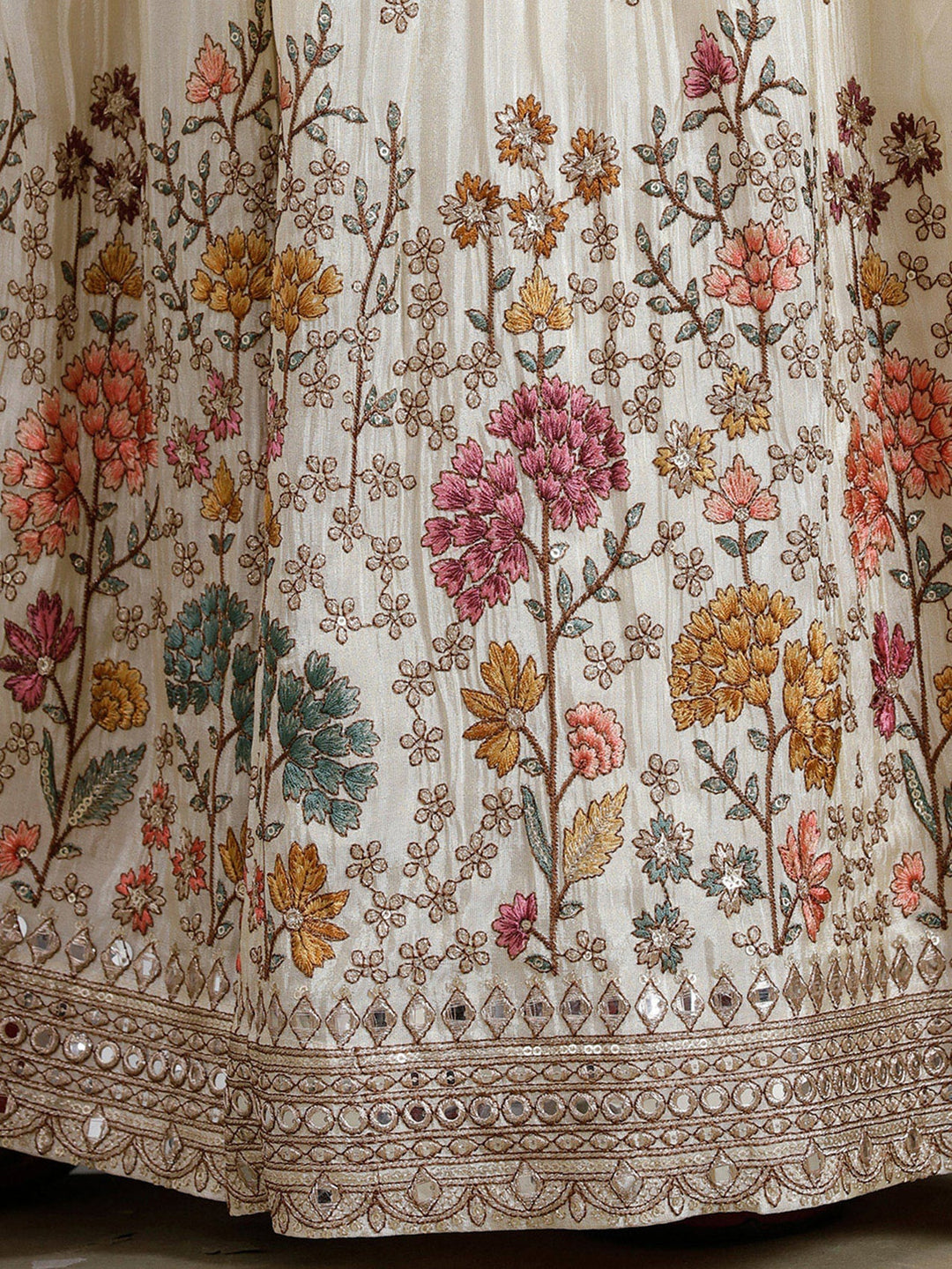 Cream Threadwork Art Silk Readymade Lehenga