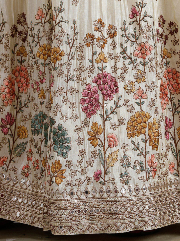 Cream Threadwork Art Silk Readymade Lehenga